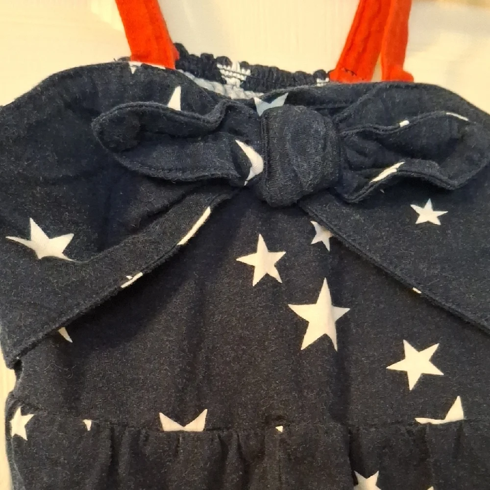 Navy Star Print Romper with Red Straps